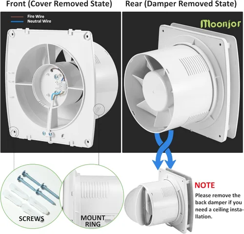 Vista 3 de Extractor de ventilación de 4 pulgadas, 50 CFM, silencioso ventilador extractor de ventilación de pared para cocina, baño, taller, garaje