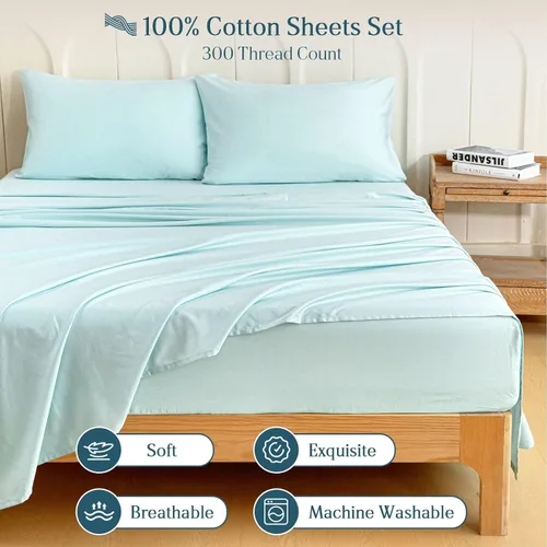 Vista 3 de MCO Juego de sábanas de 100% algodón de 300 hilos, tamaño Queen, bolsillo profundo de 16 pulgadas, sábanas refrescantes transpirables de 4 piezas