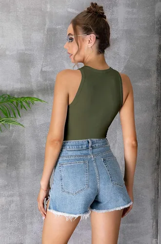 Vista 4 de MANGDIUP Womens Basic Sleeveless Crewneck Bodysuits Slim Fit Stretch Cotton Tank Tops Halter Jumpsuits