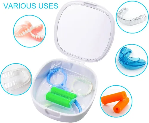 Vista 2 de Estuche para dentaduras postizas (paquete de 2), estuche de retención con espejo y orificios de ventilación, funda protectora bucal, duradera e