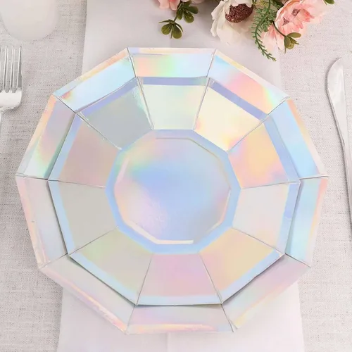 Vista 6 de Efavormart - Paquete de 25 platos de papel decagonal iridiscentes de 7.5 pulgadas, platos de postre geométricos resistentes de 300 GSM para Tipo 3