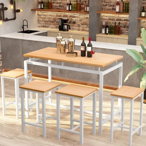 Vista 6 de Recaceik Juego de 4 mesas de comedor para 4 mesas y sillas de cocina, juego de mesa de bar de 5 piezas con 4 taburetes, mesa de comedor de altura