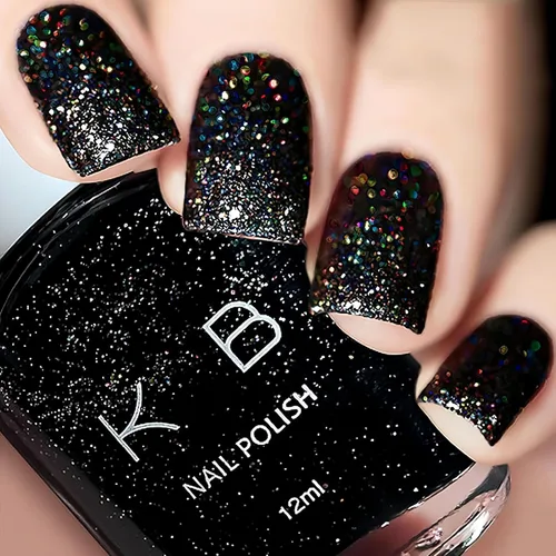 Vista 7 de COSMOO Esmalte de uñas de glitter negro de secado rápido, 12 ml, resistente a las astillas, vegano, de secado rápido, con vetas, de larga duración
