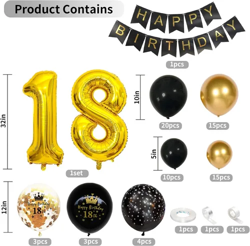 Vista 2 de Decoraciones de Cumpleaños 18 para Niños Globos Negros y Dorados Kit de Arco de Guirnalda con Número 18 Globo de Confeti de Papel de Aluminio