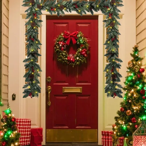 Vista 6 de Guirnalda de Navidad de 6 pies con luces, guirnalda preiluminada de decoración navideña con bayas rojas, guirnaldas navideñas operadas a batería