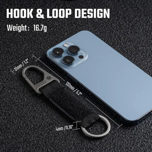Vista 5 de KeyUnity Titanium Carabiner Keychain Nylon Webbing Molle Clip with Hook & Loop Panel for PVC Morale Patches