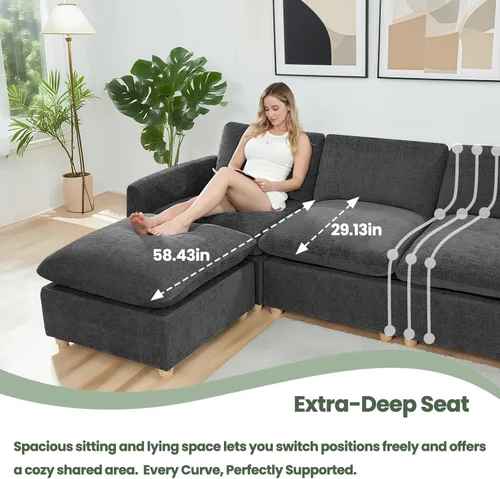 Vista 8 de Sofá extraíble en forma de L con cama cama y otomana de almacenamiento, sofá modular de felpilla para sala de estar, sofá modular en forma de L