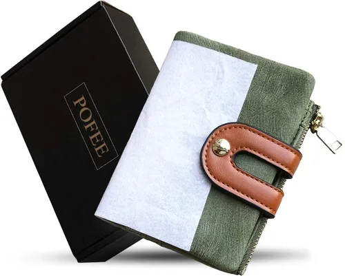 Vista 6 de PofeeXIO Carteras pequeñas Rfid para mujer, billetera plegable con bolsillo para monedas, mini monedero suave y compacto, Verde, Minimalista