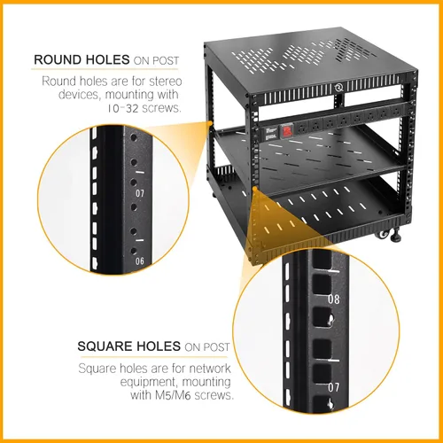 Vista 3 de RIVECO Rack de red 9U con cubierta superior reforzada, estante de piso de 4 postes sobre ruedas para equipo de 19 pulgadas y equipo estéreo, incluye