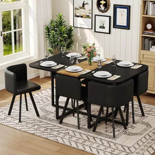 Vista 16 de Juego de mesa de comedor redonda de 39.5 pulgadas para 4, juego de mesa de comedor de 5 piezas con 4 sillas plegables, juego de sillas de mesa