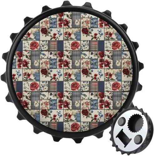 Magnetic Beer Bottle Opener - Vintage Rose Plaid Print Portable One Handed Small Magnetic Bottle Opener for Fridge with Bartender and Outdoor,