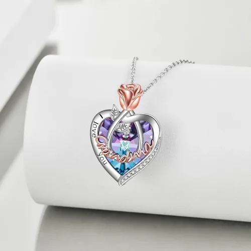 Vista 4 de POPKIMI - Joyería de plata esterlina 925 para mujer, collar con pendiente de flor y corazón de cristal, para cumpleaños, regalos para mamá, abuela