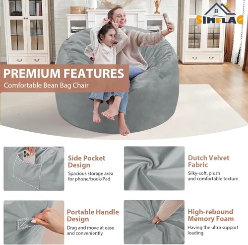 Vista 126 de Puf de 5 pies, puf grande con relleno de espuma viscoelástica, sofá puff esponjoso con funda de terciopelo holandés, puf redondo para sala de estar