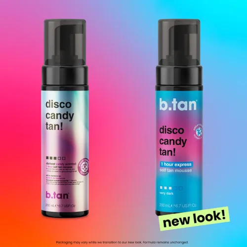 Vista 4 de b.tan Dark Self Tanner Mousse Disco Candy Tan - Mejor espuma bronceadora sin sol exprés de 1 hora, perfumada a caramelo, a prueba de sudor