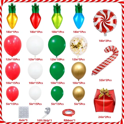 Vista 6 de Kit de arco de guirnalda de globos de Navidad de 145 piezas con globos de confeti de Navidad, rojo, blanco, verde, dorado, bombilla, caja de regalo