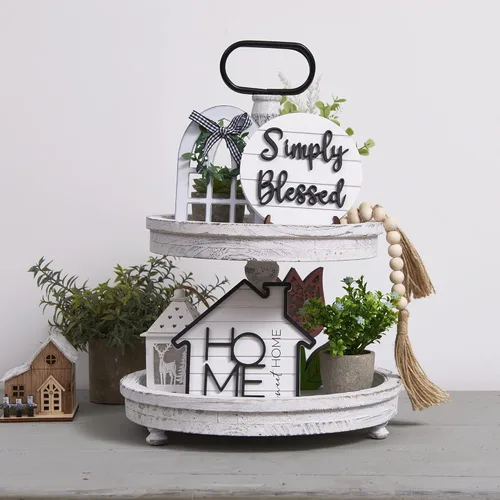 Vista 8 de Set of 8 Farmhouse Tiered Tray Decor with 1 Artificial Succulent Plant & 1 Artificial Plant for Rustic Home Sweet Home Kitchen Decor Tier Tray Decor