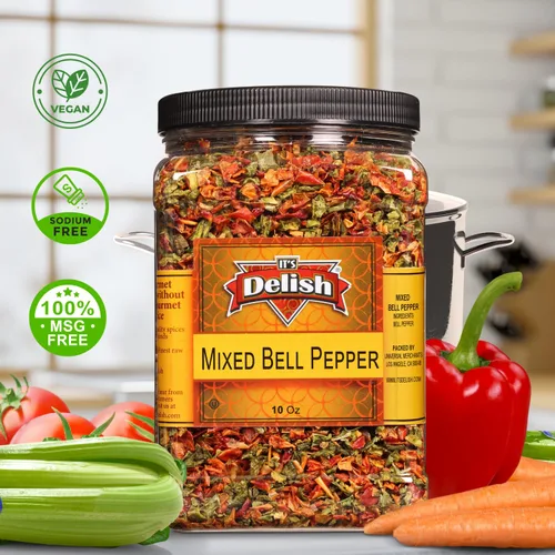 Vista 3 de It's Delish, mezcla de pimientos rojos y verdes secos deshidratados, recipiente reutilizable jumbo de 16 onzas (1 libra), copos de pimiento mixto a