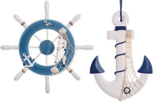 Vista 11 de GengGeng Paquete de 2 volantes de madera para decoración de playa de 13 pulgadas y anclaje de madera, anclaje de barco náutico, timón para colgar