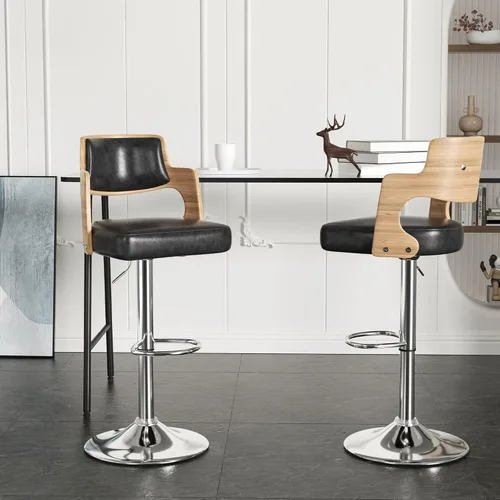 Vista 2 de Miereirl Morden - Juego de 2 taburetes de bar de altura con respaldo de madera, asiento grueso, silla giratoria ajustable para el hogar, cocina