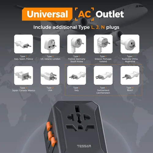 Vista 5 de TESSAN Adaptador de viaje universal, adaptador de corriente internacional GaN de 65 W con 5 puertos USB (3 USB C), adaptador de enchufe mundial