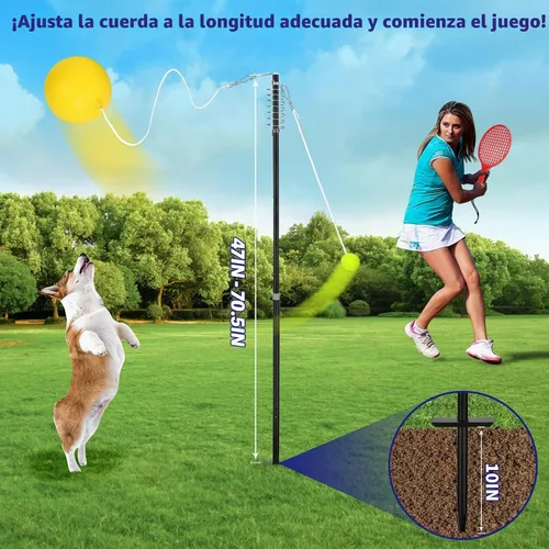 Vista 2 de Tetherball - Juego de tenis con poste de gancho giratorio de 360°, pelota, cuerda y pala. Equipo de tetherball para exteriores para patio trasero