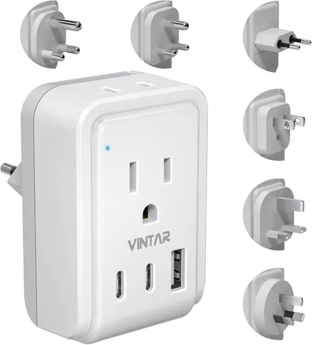VINTAR - Kit de adaptador de viaje universal, adaptador de enchufe internacional con 3 puertos USB (2 USB C, 3.4 A) y 2 salidas americanas, tipo A,