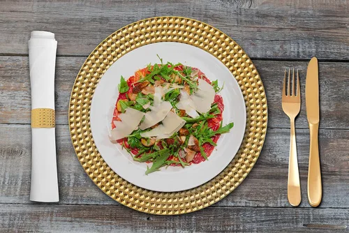 Vista 2 de Platos de carga redondos y elegantes de 13 pulgadas con servilleteros a juego, bodas, cenas, eventos. Elige entre nuestra variedad de estilos