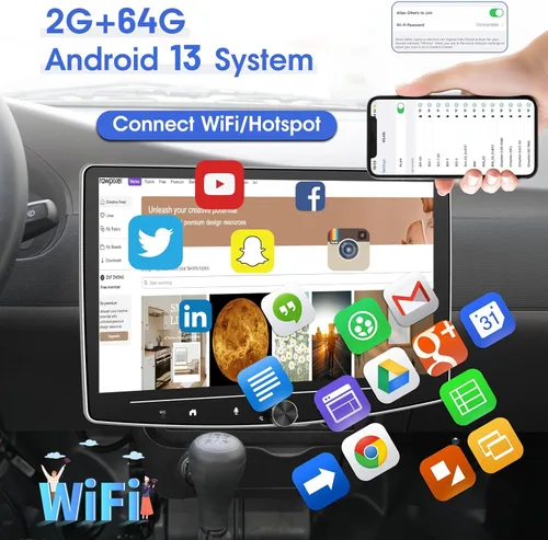 Vista 2 de [2G+64G] 10 pulgadas Android 13 pantalla táctil DIN simple coche estéreo giratorio Carplay Radio con cable/inalámbrico Carplay y Android Auto