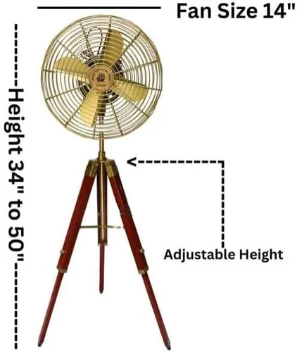 Vista 2 de Ventilador eléctrico con cable hecho a mano de latón antiguo estilo vintage con soporte de trípode ajustable de madera, diseño retro, coleccionable