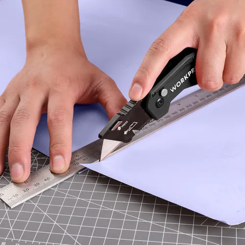 Vista 6 de WORKPRO Cuchillo utilitario plegable, cortador de caja con clip para cinturón, hoja de cambio rápido, mango ligero de nylon, pelacables y gancho