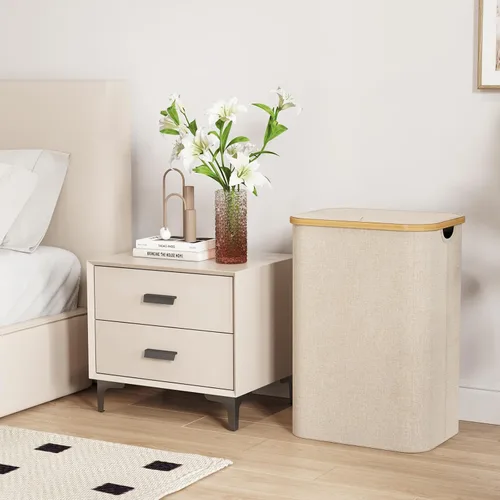 Vista 3 de Lifewit Cesta de lavandería de 80 litros con tapa, cestas de ropa para lavandería con asas de bambú y una bolsa de lavandería extraíble, cesta