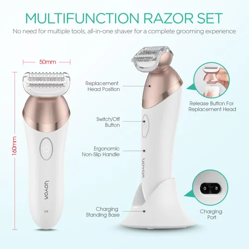 Vista 6 de VOYOR Maquinillas de afeitar eléctricas para mujer, recortadora de bikini 4 en 1, afeitadora de aluminio para mujer, 4 cabezales de repuesto