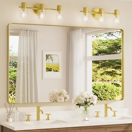 Vista 21 de TETOTE Espejo de marco dorado cepillado de 16 x 24 pulgadas, espejo de tocador de baño de latón dorado para pared, espejo enmarcado rectangular