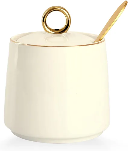 WHJY Azucarero de cerámica con tapa y cuchara, recipiente de sal de porcelana transparente blanca simple, recipiente de sal, caja de especias Beige
