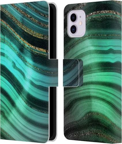Vista 8 de Head Case Designs UtArt - Funda con licencia oficial de UtArt para iPhone 11 (piel tipo libro con diseño de olas de malaquita y esmeralda)