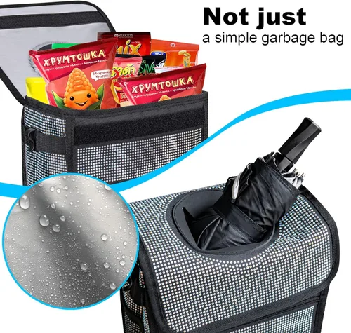 Vista 3 de Ovege Bote de basura para automóvil, accesorios brillantes, cubo de basura interior con tapa, impermeable, para autos, SUV (grande, 3 galones)