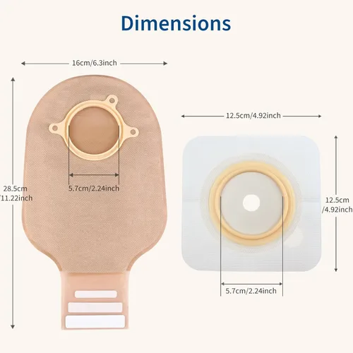 Vista 2 de 22 piezas de suministros de ostomía 2 bolsas de colostomía, bolsa de ostomía drenable de dos piezas con cierre de gancho y bucle para el cuidado