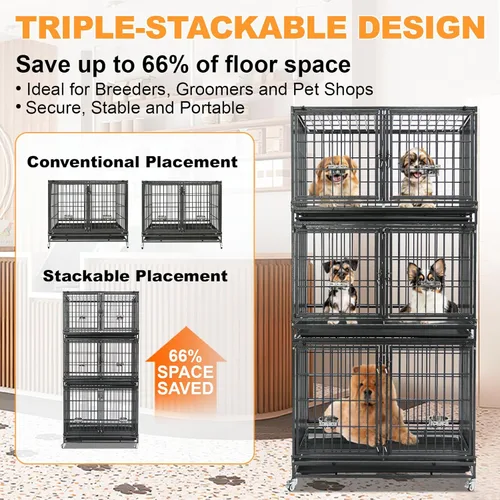 Vista 2 de Homey Pet Jaula Transportín Perrera Apilable para Perros de 43 Pulgadas para Interiores con Divisor, 2 Cuencos de Acero, 4 Ruedas con Bloqueo