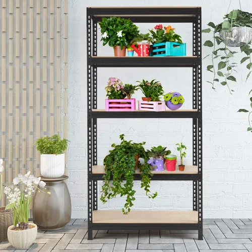 Vista 3 de Tangkula 5-Tier Storage Shelves Heavy Duty Steel Frame Muscle Rack 60in Garage Shelf with Adjustable Shelves Boltless Shelving Unit for Free