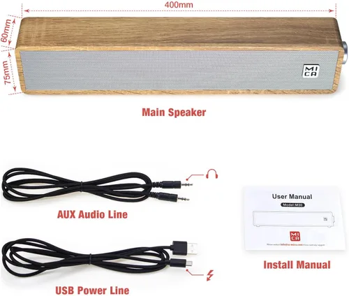 Vista 7 de MICA - Altavoces Bluetooth para computadora, barra de sonido de madera retro en ángulo, conexión auxiliar de 0.138 pulgadas, altavoces de PC Amarillo