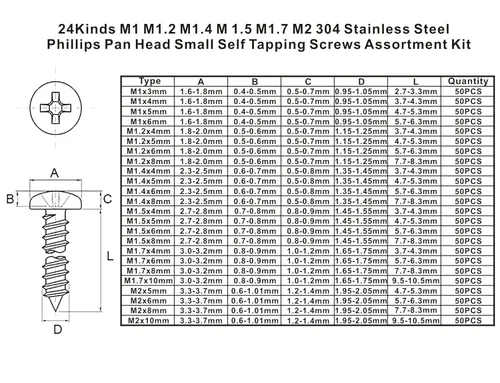 Vista 5 de 24 tipos de tornillos pequeños M1 M1.2 M1.4 M1.5 M1.7 M2, acero inoxidable 304, cabeza Phillips, plana, autorroscantes, kit de surtido