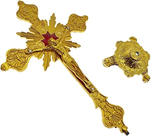 Vista 4 de MTYIQS Crucifijo de pie con base de 10 pulgadas de metal de mesa de Jesucristo católico de madera hecha a mano de oro antiguo para mesa, decoración