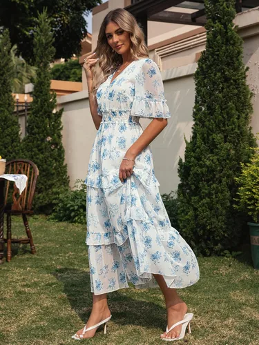 Vista 3 de Amegoya Vestido largo bohemio de manga larga con cuello en V para mujer, vestidos de compromiso largos y fluidos para invitados de boda