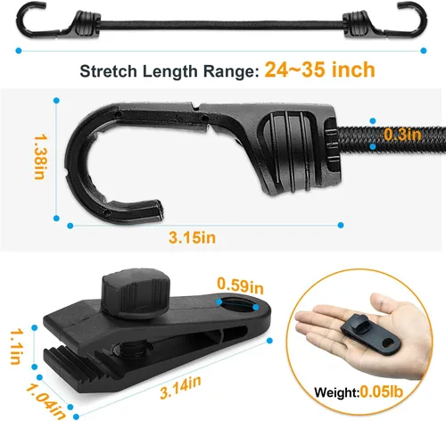 Vista 2 de Cuerda elástica de 24 pulgadas con ganchos dobles, paquete de 4 correas elásticas de 0.315 pulgadas y 8 clips de lona, correas elásticas negras