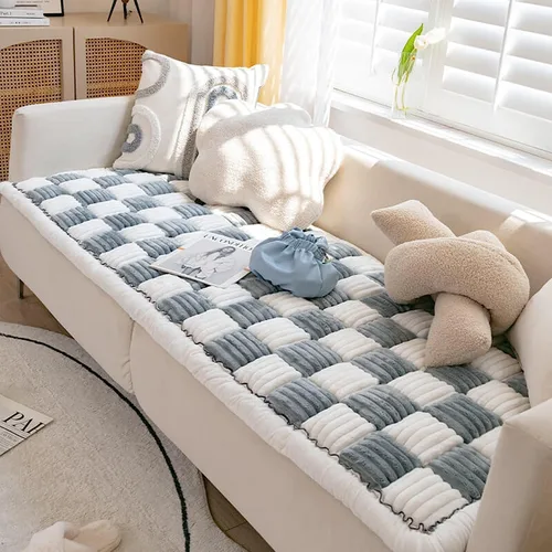 Vista 4 de Tapete cuadrado grande de color crema a cuadros para cama y sofá, funda para sofá, funda protectora de algodón, lavable a máquina