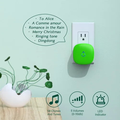 Vista 2 de SECRUI Timbres inalámbricos para el hogar, aulas, apartamentos, negocios, etc. Fácil de usar, volumen ajustable, 58 tonos, LED colorido, Verde