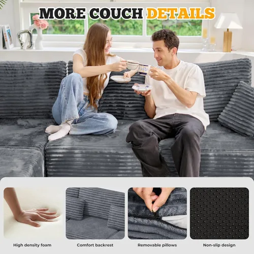 Vista 6 de Sofá cama seccional modular de 113", sofás de nube convertibles para sala de estar con otomana, juego de sofá cama de pana sin estructura de 6 Gris