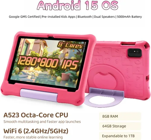 Vista 2 de Tabletas Android 15 – Tableta para niños de 10 pulgadas con funda, Octa-Core, 8 GB+64 GB de almacenamiento (expandible a 1 TB), cámara dual