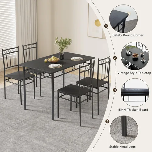 Vista 4 de Juego de mesa de comedor para 4, mesa de cocina y sillas de 5 piezas, juego de mesa de comedor rectangular con 4 sillas, juego de mesa de cocina que