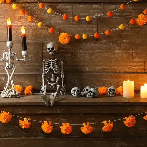 Vista 3 de Lyrow Guirnalda de bolas de fieltro del Día de los Muertos, guirnalda de bolas de pompón de flores de caléndula, guirnalda de Halloween, guirnalda